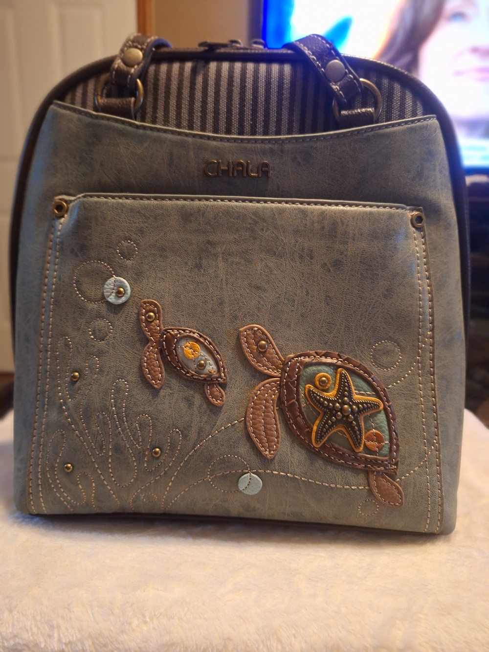 Chala Light Blue Turtle  Appliqué Satchel
